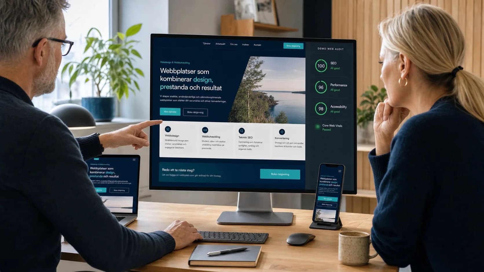 Responsiv webbdesign för desktop och mobil med SEO-, prestanda-, tillgänglighets- och Core Web Vitals-granskning